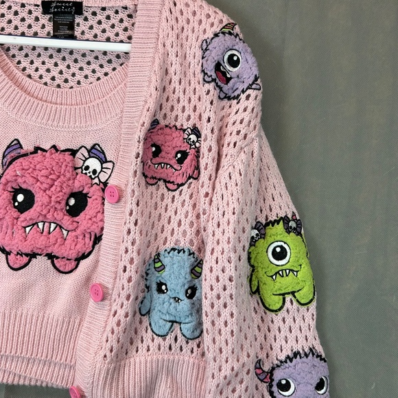 Hot topic Sweet Society Embroidered Fuzzy Monster Girl's Cardigan Set Size Large - Picture 4 of 14